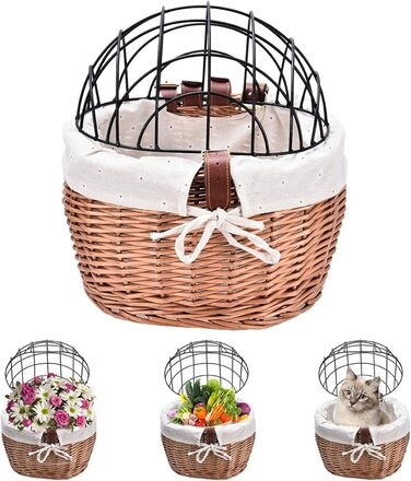 Плетенний велосипедний кошик для собак та котів - передній, з тканиною та кришкою