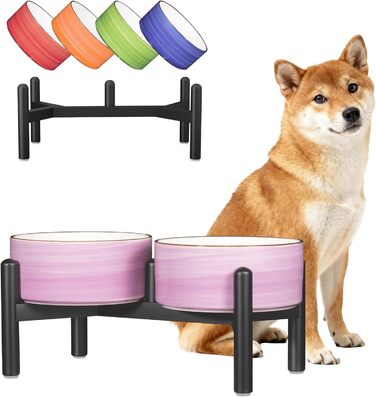 Керамічна годівниця для собак на підставці з нержавіючої сталі - подвійна годівниця для маленьких та середніх собак - неслизький набір мисок для корму та води - 350г / 660мл - 15см - (Фіолетовий)