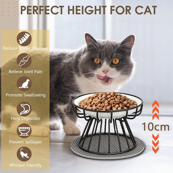 Підвищені годівниці для котів 2 шт. з кераміки з металевим підставкою, миски для котів з силіконовим килимком, станція для годування проти блювоти, миски для котів для корму та води, чорного кольору