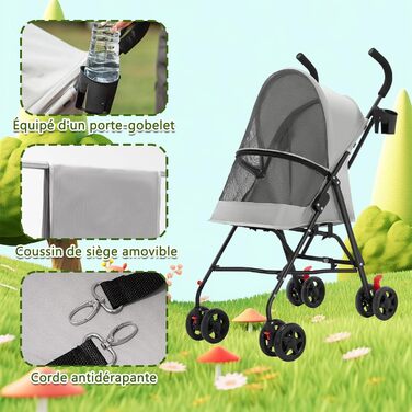 Візок для тварин Homewell: складний, з тримачем для напоїв та ременем безпеки (сірий), до 15 кг