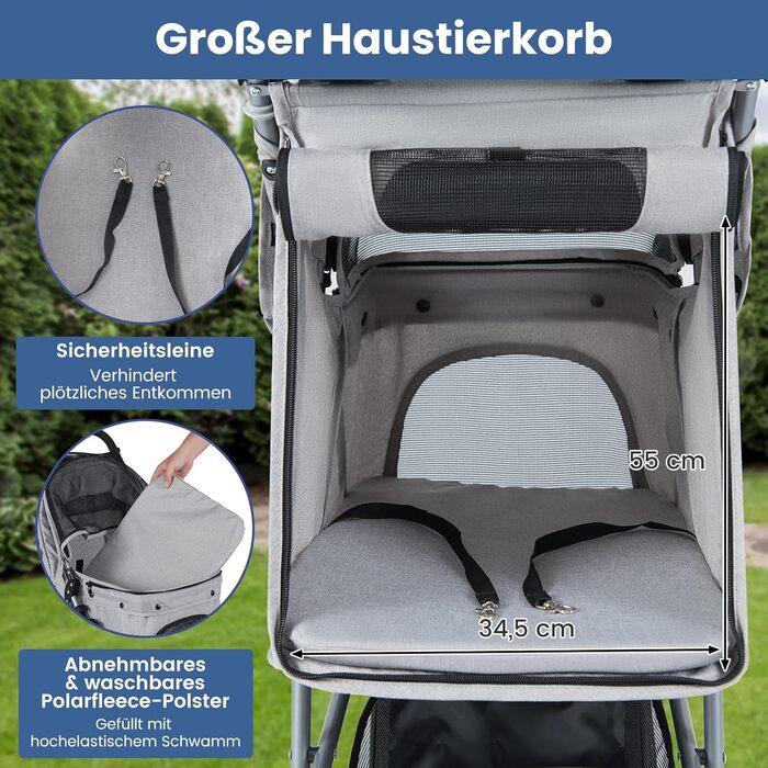 Візок для тварин Costway, розкладний, до 15 кг, для собак та котів, 3 колеса, з м'якою підкладкою, регульованим сонцезахистом, сіткою та кошиком