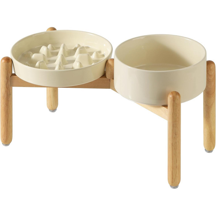 Підвищена годівниця для собак та котів Havniva з кераміки, для повільного годування, 13 см та 15,5 см, з дерев'яною підставкою, 2 шт. світло-зелені + підставка, 9.5 дюймів