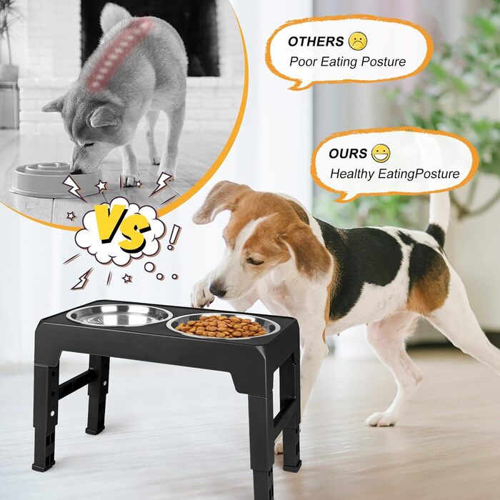 Підвищена годівниця для собак та котів з нержавіючої сталі, 2x1.8L, регульована висота, антиковзаюча, 44x24x8 см, чорна