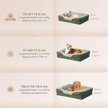 Ортопедичне ліжко для собак середніх порід, 91x68x17.5 см, Memory Foam, водонепроникне, з 4 бортиками, антиковзаюче, зелене