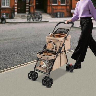 Двошаровий візок для домашніх тварин з сітчастим вікном, гальмом та кишенькою для зберігання. Складаний візок для собак та котів, вантажопідйомність 15-20 кг (Хакі)