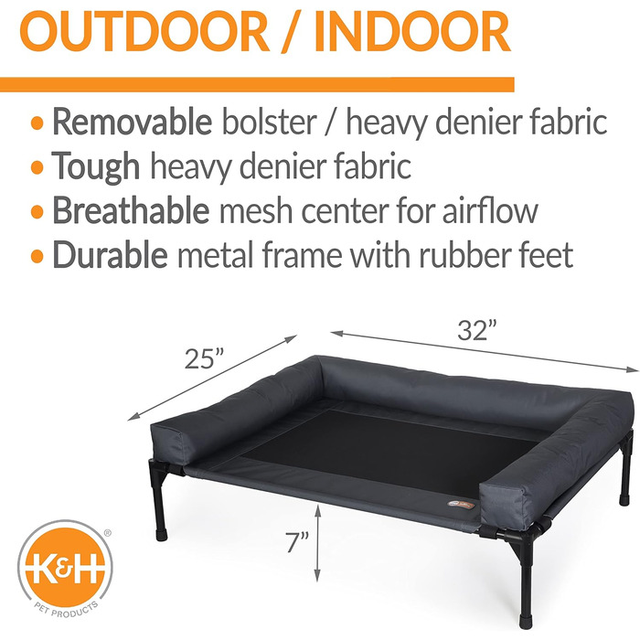 Ківш для собак K&H Pet Products Bolster, з охолодженням, для дому та вулиці, підняте ліжко для собак з знімними валиками для шиї, знімний мережевий чохол, підходить для середніх собак, антрацитовий/чорний, 81 x 64 x 28 см