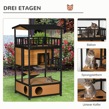 PawHut Cat House Ялина Wood Cat House 4 поверхи зі сходами, зимостійкий асфальтовий дах, жовтий, 75,5x75x137см, ідеально підходить для вулиці та патіо