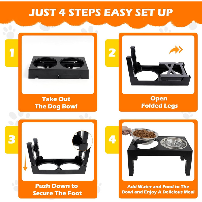 Підвищена годівниця для собак та котів, регульована висота, з нержавіючої сталі, 2 миски, чорна