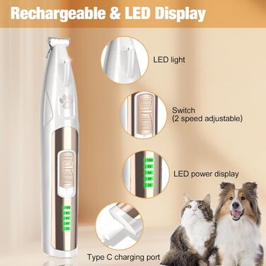Триммер для обрізки подушечок лап TECHMUR з LED-підсвічуванням, тиха робота, індикатор заряду акумулятора та зарядка Type-C – для собак, котів та домашніх тварин (білий)