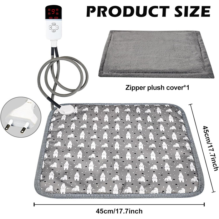 Грілка для котів та собак, килимок з підігрівом, 45 x 45 см, регулювання температури та таймер