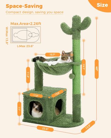 Котячий кактусовий кігтеточка MUTTROS 101,6 см з великою металевою гамаком, будиночком та іграшкою для домашніх котів, зелений