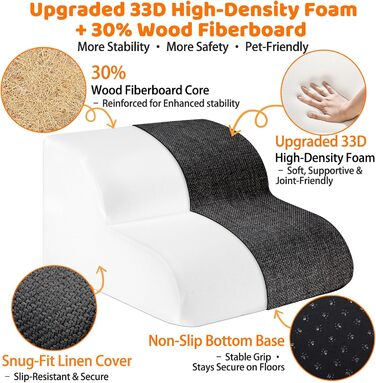 Сходинка для собак Gimars з 30D піною, широка та стійка, 3 сходинки, 40 см, знімний та пральний чохол, неслизьке дно, портативна рамка для маленьких собак до дивану, ліжка, авто (2 сходинки, чорний)