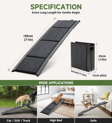 Рампа для собак, 170см, складана, з антиковзким покриттям, для собак середніх та великих порід (до 113.4 кг), легка та портативна, 180x44 см