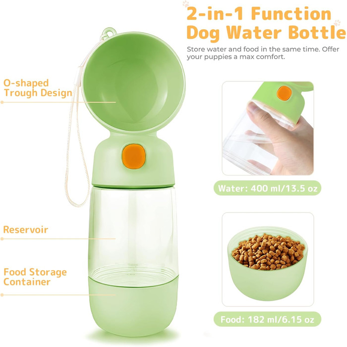Водяна пляшка для собак BRIMFULITE з мискою та кормушкою, витривала та легка, для подорожей та прогулянок, зелена