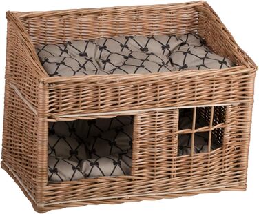 Двоярусна котяча хатинка з плетіння з лози, котячий кошик, хатинка для котів з подушкою та вікном (бежевий, натуральний)