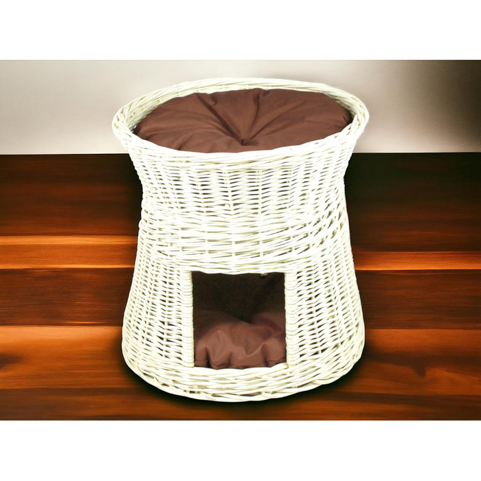 Кігтеточка-будиночок для котів: двоярусне ліжко з плетіння з лози, діаметр 50 см, з подушкою, білий колір
