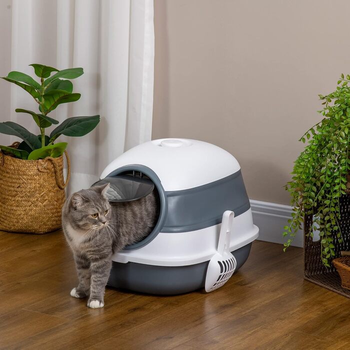 Туалет для котів PawHut з кришкою, складаний, з дезодорантом, гратчастим дном та совком, просторий, біло-сірий, 52x41x38 см