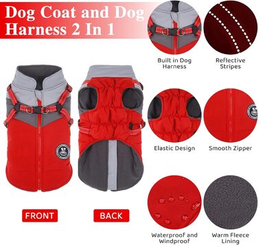 Зимовий теплий одяг для цуценят, світловідбиваючий, водонепроникний, з шлейкою для собак маленьких та середніх порід, L, Червоний