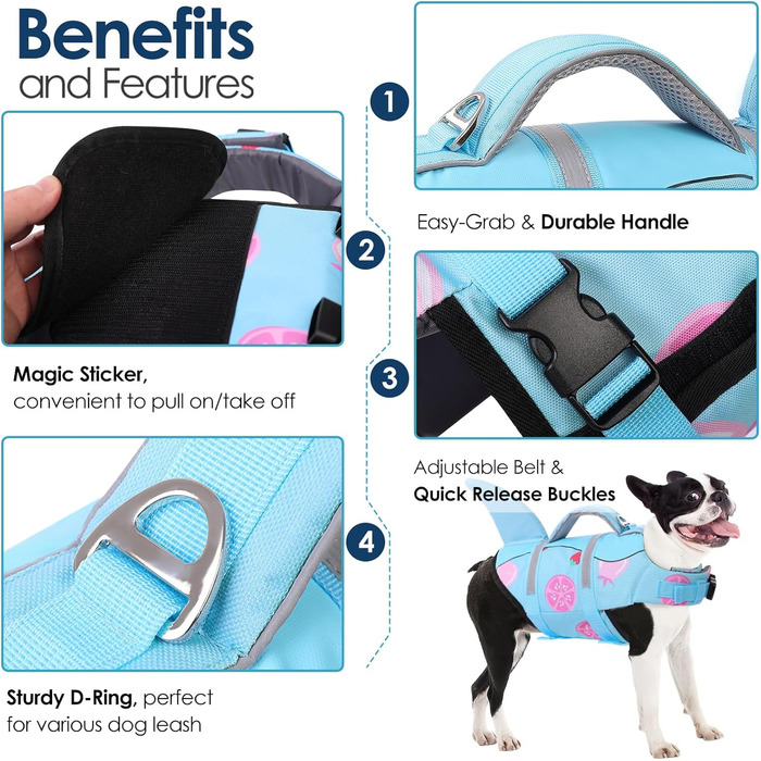 Жилет для плавання собак AOFITEE, модель 'Hai', великий розмір, з ручкою для порятунку та світловідбиваючими смугами, блакитний, для собак X-Large