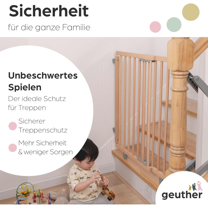 Захист для сходів Geuther Oris | Дверний захист для сходів з кріпленням, 2 клямки для поручнів, ширина регулюється | Стабільне дерев'яне дитяче ворота, натуральний лак (натуральний, 95-135 см)