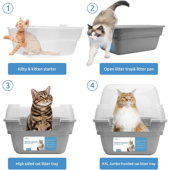 Petfamily 3-в-1 туалет для котів з кришкою, великий, сірий, XL 55×45×44 см, сучасний, для котів, кошенят, кроликів, гризунів, універсальний, зоотовари
