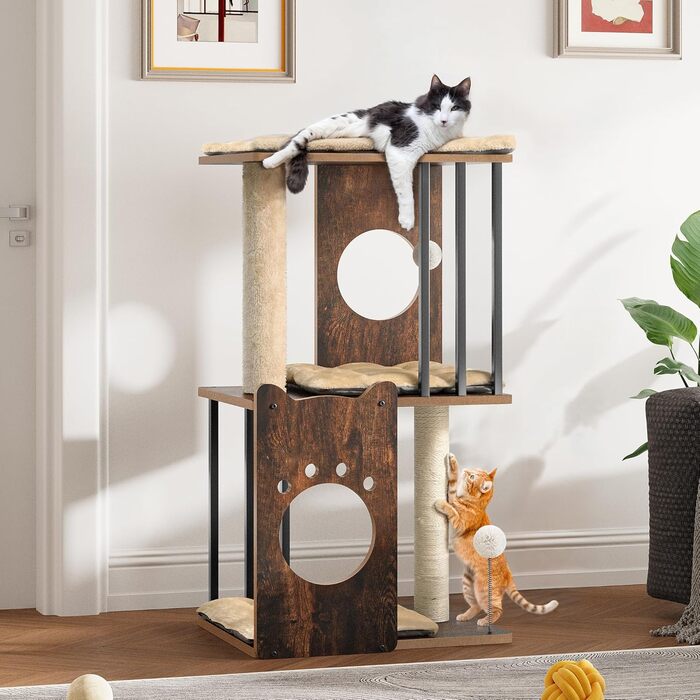 Дерев'яний кігтеточка YITAHOME 90 см з 3 рівнями для великих котів, кігтеточний комплекс з подушками, іграшками (пір'їнка, помпон), у кольорі 