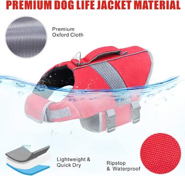 Рятувальний жилет для собак Oslueidy з високою плавучістю, світловідбиваючими елементами. Підходить для малих, середніх та великих собак. Ідеально для плавання, катання на човні, серфінгу та каякінгу. Червоний колір.
