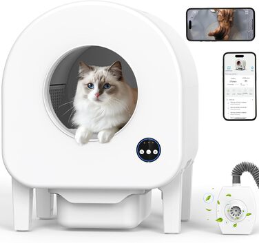 Автоматичний лоток для котів з камерою, 90л, самоочисний, для кількох котів, без запаху, з датчиками, керування через додаток, захист від защемлення