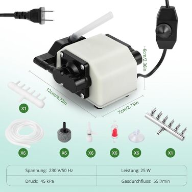 Повітряний компресор для акваріума та ставка 25W, 6 виходів, регульований, до 3м, 55л/хв (3300л/год)