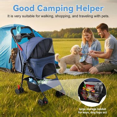Складаний візок для тварин та дітей з обертовими колесами 360°, кошиком для зберігання, міцним металевим каркасом та дихаючими сітковими віконцями – портативний переносник для котів та собак до 22 кг (Блакитний)
