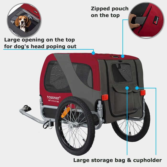 DOGGYHUT® Преміум велопричіп для собак середнього розміру, до 23 кг, складаний, зелений (червоний)