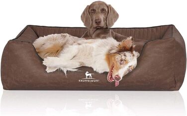 Ортопедичне собаче ліжко Knuffelwuff Columbia XXL з лазерного стеганого штучного шкіряного покриття, 120 x 85 см, коричневе. Знімний чохол, легко чистити. Підходить для великих, середніх та маленьких собак. Розміри: 120 x 85 x 25 см