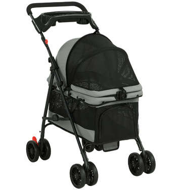 Складаний візок для собак (buggy) з подушкою, сітчастими вікнами та підстаканником, колеса 360°, для малих собак до 10 кг, сірий