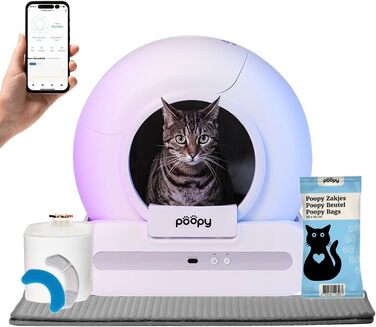 Poopy Nano 2 — автоматичний самоочисний туалет для котів з поїлкою, 100 пакетів для сміття та котячим килимком (працює з додатком і без)
