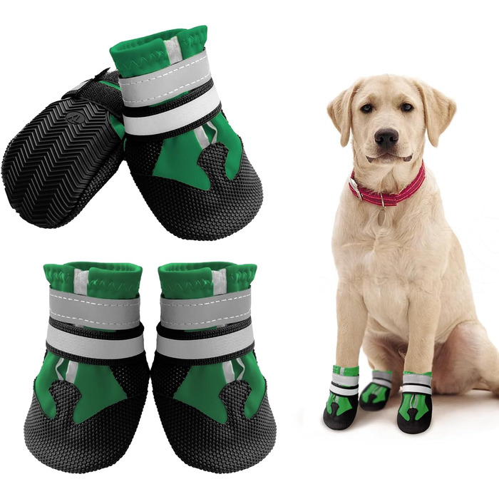 Чоботи для собак, 4 шт., водонепроникні, антиковзаючі, з відбиваючим ремінцем, чоботи для собак, захист лап для маленьких, середніх та великих собак (XL, зелений)