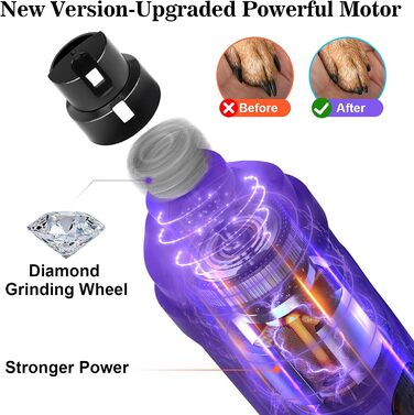 Шліфувальник для собак Bousnic Krallenschleifer: тихий електричний триммер з LED-підсвічуванням для собак та котів середніх та малих порід, фіолетовий