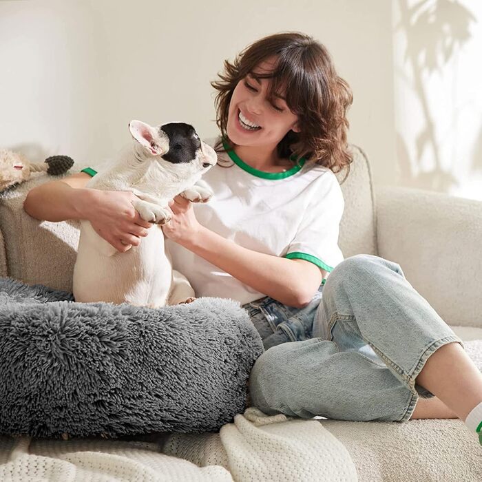 Кругле лежанка-донатик для собак великих та середніх порід, 70 см, сірий колір, плюш, анти-стрес, м'яка, пухнаста, для собак та цуценят