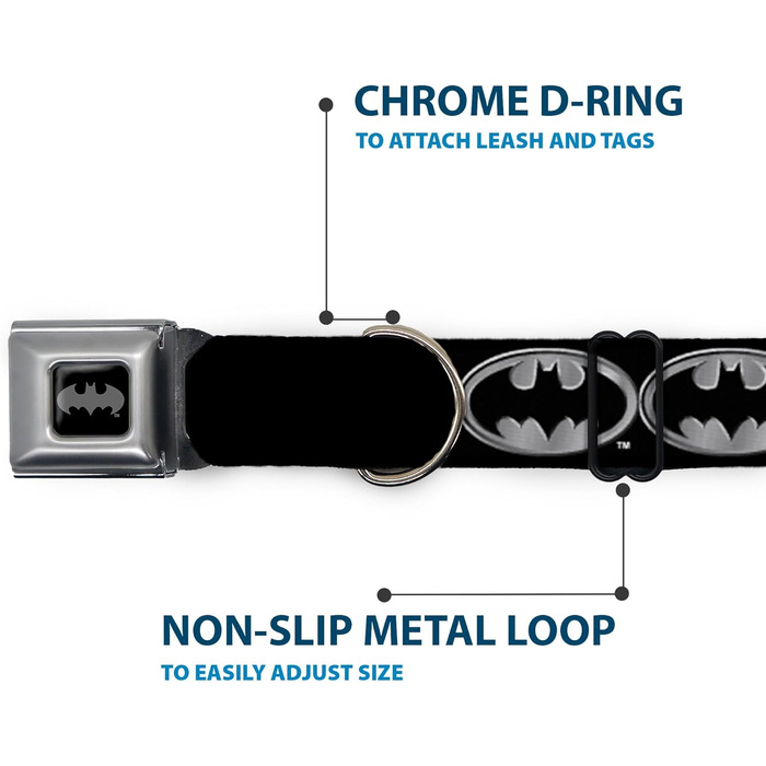 Buckle-Down нашийник для собак Batman, чорний/сріблястий, міцний, регульований