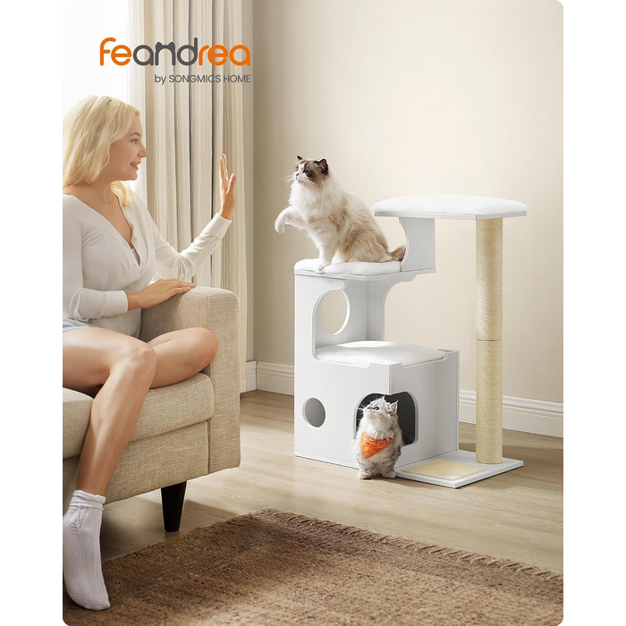 Котячий комплекс Feandrea 86 см, з будиночком, лежанками, стовпчиками та сизалевим килимком, знімні плюшеві подушки, білий