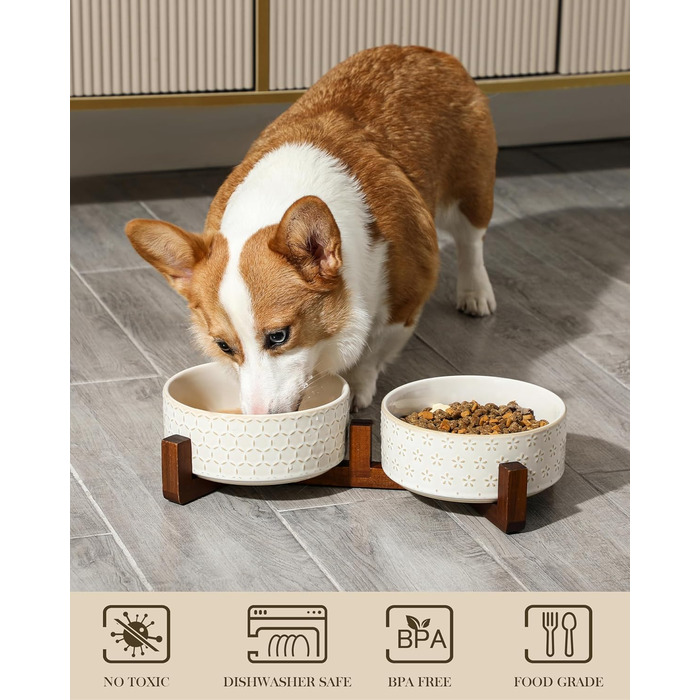Набір мисок для собак Malacasa з підставкою з горіхового дерева, 3.5 чашок кераміки, миски для кормів та води для цуценят та собак, з антиковзним дном, підходить для собак та котів. В комплекті: п'ятилистове трав'яне добриво + стільнички.