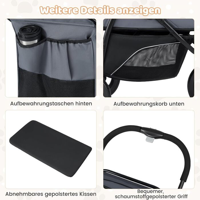 Візок для тварин Costway, розкладний, до 25 кг, для собак та котів, 3 колеса, регульований дах, сітчасте вікно, кошик та подушка, сірий