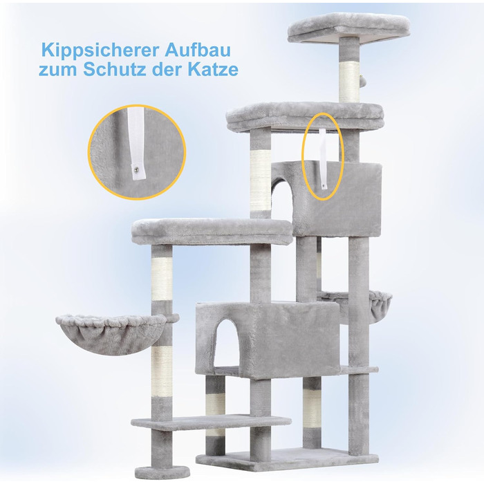 Котячий будиночок Hey-brother XXL для великих котів, 180 см, сірий, з 3 платформами, 2 кошиками та великою печерою