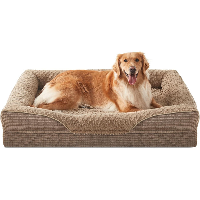 Ортопедичне ліжко для собак FURTIME, середнього та великого розміру, з піною з пам'яті, знімний та миючий кошик для собак, антиковзаючі ліжечка для собак, диван для собак з високим бортиком, 89 x 64 x 18 см (XL(107x81x19cm), Колір: Коричневий)