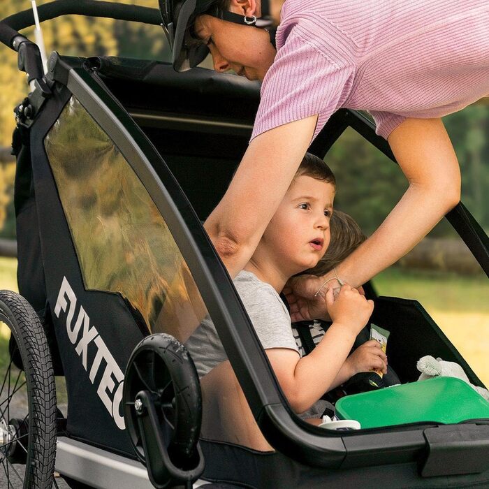 Фуктек Причіп для велосипеда Sportfux на 2 місця, сірий, з сумкою, відбивачами, ручкою-штовхачем, захистом від дощу та сонця, складний