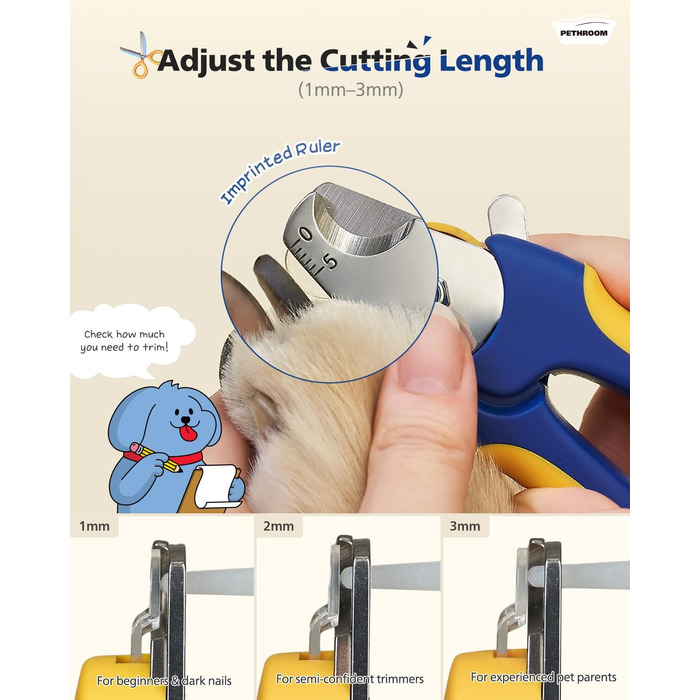 Професійний обрізач кігтів для собак PETHROOM з прозорим захистом та пилкою, регульована довжина зрізу, нержавіюча сталь, преміум-якість