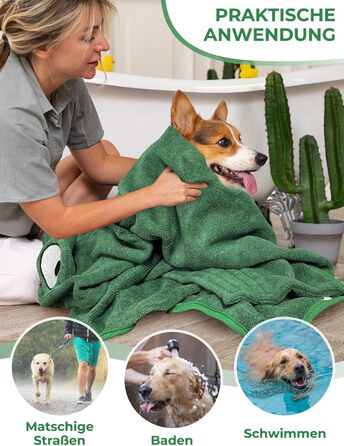Рушник для собак Badeantel: м'який рушник з мікрофібри, швидковисихаючий, з регульованим коміром на липучці, для собак та котів (XL, зелений)