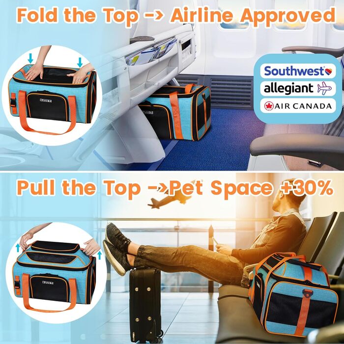 Транспортна сумка для домашніх тварин Petskd, 48.3 x 33 x 22.9 см, схвалена Southwest Allegiant Airlines, м'яка переноска для собак до 5.4 кг та котів до 6.8 кг, блакитна