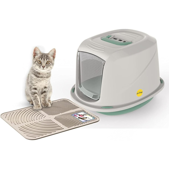 Набір для котячого туалету CatCentre з ковпаком, Jumbo, з лотком, ковшем, фільтром з активованим вугіллям, ручкою (M, зелений + кремовий мат)