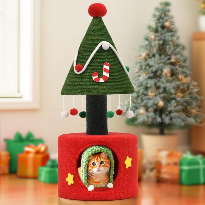 YITAHOME Котячий дряпак-тур для дому, 81,3 см, з котячим будиночком, плюшевим підвісним м'ячиком, новорічний дизайн