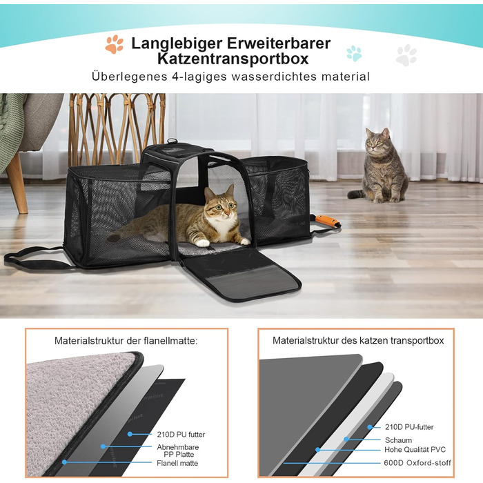 Транспортна переноска для котів Morpilot, велика, 45x33x36 см, розширювана, для 2 котів/собак/щенят, підходить для авіаперельотів, сіра